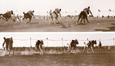 Cavalrymen in a 'tent-pegging' competition. A crowd of onlookers watch as four Sudanese cavalrymen