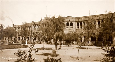 Civil hospital in Karachi. Exterior view of the civil hospital in Karachi. The long, arcaded,