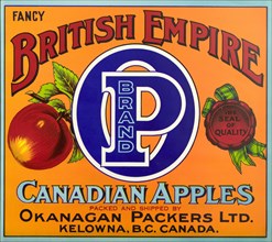 Advertisement for British Empire apples. A fruit box label advertises 'British Empire P Brand'