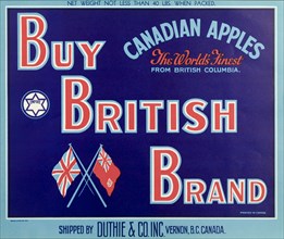 Apple box label from British Colombia. A fruit box label advertises 'British Brand' Canadian apples