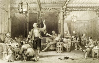 Inside a Chinese opium den. Several Chinese men recline in lounge chairs as they smoke opium