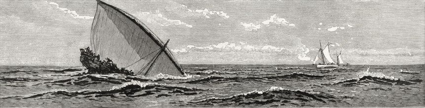 HMS Garnet sinks an illegal slave dhow. An illustration taken from the front page of 'The Graphic'