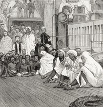 Slave traders captured by the British Royal Navy. An illustration taken from the front page of 'The