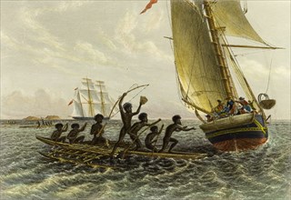 An encounter in the Gulf of Carpentaria. An illustration, published circa 1874, depicts a scene