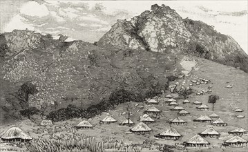 A Malawian settlement in the Shire Highlands. An illustration taken from a page of 'The Graphic'