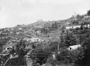 Simla hill station. Buildings perch on the mountainside at Simla, an north Indian hill station in