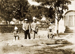 Posing beside an Indian gharial. British Indian Army officers pose with their guns beside the