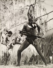 Student performing in traditional costume, Solomon Islands. A student of the King George VI School