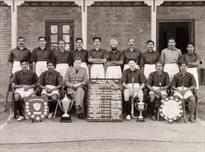 Rawalpindi Police hockey team of 1944-46. Outdoors portrait of the Rawalpindi Police hockey team