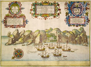 Illustration of St Helena, 1589. An illustration of the island of St Helena features several