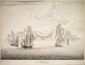 Galleons off the coast of St Helena. An engraving, based on a painting by George Lambert