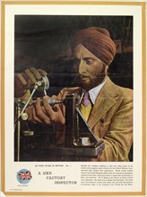 Inspector at an Indian munitions factory. A British advertisement depicts a Sikh factory inspector