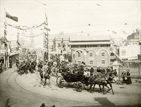 Royal parade through Perth, 1901. A horse-drawn carriage containing the Duke and Duchess of