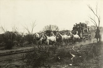 Stage coach travel in the outback. Six horses pull a stage coach full of people along a dirt track