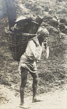 Transporting firewood in the hills. Portrait of an elderly man carrying a basket full of firewood