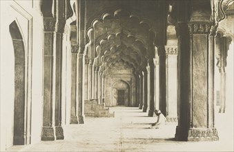 Contemplation at the Moti Masjid, Agra. View of a colonnaded aisle inside the Moti Masjid (Pearl