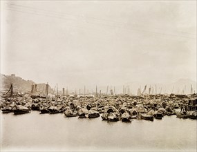Sampans in Shau Kei Wan bay. Hundreds of Chinese sampans sit at anchor in Shau Kei Wan bay. Shau