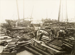 Typhoon devastation at East Point harbour. Devastation at East Point harbour, caused by a typhoon