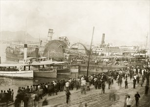 SS Hankow gutted by fire after a typhoon. SS Hankow, a Hong Kong paddle steamer, pictured in