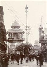 Welcome arch for the Duke of Connaught, Hong Kong. A decorative welcome arch spans a city street in