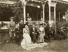 Sir Arthur Lawley, Joseph Chamberlain and guests. Outdoors portrait of Sir Arthur Lawley