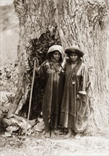 Two women from Kashmir. Portrait of two women from Kashmir, standing at the foot of a giant tree.