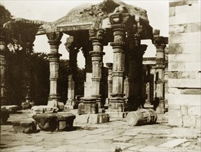Hindu temple at the Qutb Minar complex. The remnants of a ruined Hindu temple, part of the Qutb