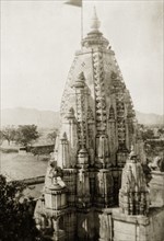Brahma Temple in Pushkar, India. View of the ornately carved 'sikhara' (tower) of the Brahma