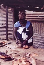 Preparing fried fish at Bakau market. An African woman in traditional dress prepares dried fish on