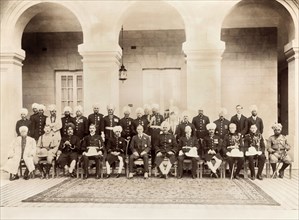 Portrait of Indian and British dignitaries. Uniformed Indian and British dignitaries line up for a