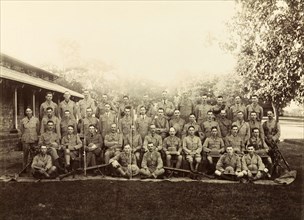 School of Musketry at Pachmarhi, India. Trainee British musketeers pose for a group portrait with