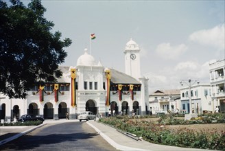 Third anniversary of Ghanaian independence. The General Post Office in Accra, decorated with