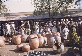 Pottery at Tamale market. Clay pots for sale at an outdoor market in Tamale. Tamale, Ghana, circa