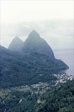 The Pitons, St Lucia. View of the Pitons, two mountains which form St Lucia's most famous landmark,