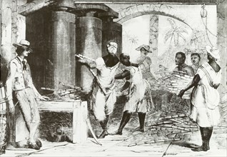 Slave labourers at a Jamaican sugar mill. An illustration depicts a group of African slaves