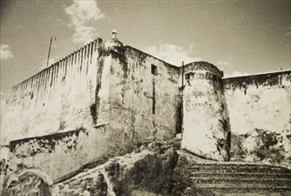 Fort Jesus on Mombasa Island. The defensive outer wall and watchtower of Fort Jesus. At the time of