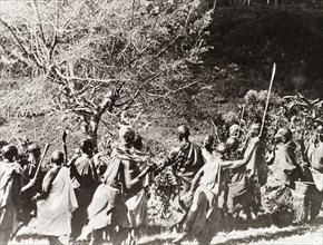 Kikuyu ritual circumcision dance. Kikuyu women perform a ceremonial dance around a fig tree during