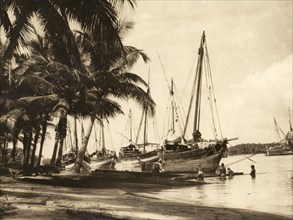 Kothias on the Baliapatuam River. Several 'kothias' (trading boats), moored on the shores of the