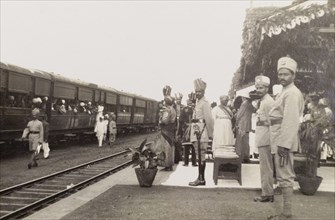 Awaiting the Acting Governor of Bombay. The Maharajah of Kolhapur, Rajaram II Bonsle (r.1922-40),