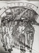 Campaigning for Merdeka. A hand-painted banner depicts a Singaporean crowd campaigning for Merdeka