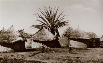 A Hausa village. A series of round huts with mud walls and thatched roofs form the outer wall of a