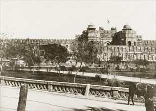 View of Agra Fort. View of Agra Fort, taken from a nearby road bridge. The Delhi Gate projects from
