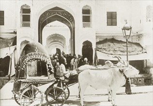 An ornate cattle-drawn carriage. An ornately covered carriage drawn by two bullocks waits outside a