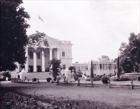 The British Residency in Hyderabad. View across formal gardens to the colonnaded facade of the