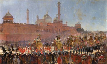 State entry procession at the Coronation Durbar. Crowds line the streets outside the Jama Masjid to