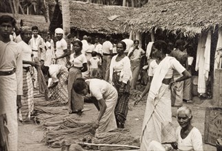 Rope sellers in Ceylon. Women sell bundles of rope at an outdoor market. Ceylon (Sri Lanka), 1936.