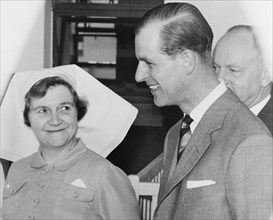 The Duke of Edinburgh at the King George VI Hospital. The Duke of Edinburgh chats with a Matron of
