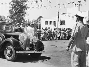 The Duke of Edinburgh at the Kenya Regiment headquarters. The Duke of Edinburgh arrives by car at