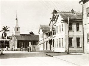 Court House and St Mary's Church, Belize. View down Regent Street to the Court House and St Mary's