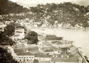 St George's Harbour, Grenada. View over the horseshoe-shaped harbour at St George, and the town